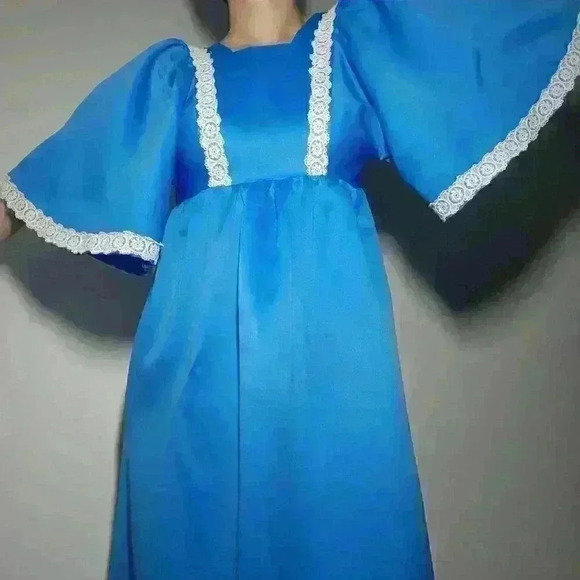 Vintage 70s bright blue babydoll maxi dress with big sleeves & lace ✦ Handmade ✦ - Picture 7 of 16